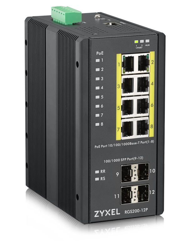 Zyxel RGS200-12P, 12 Port managed PoE Switch, 240 Watt PoE, DIN Rail, IP30, 12-58V DC