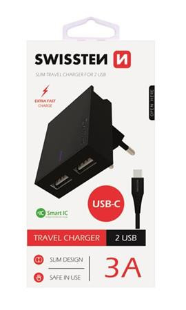 SWISSTEN SÍŤOVÝ ADAPTÉR SMART IC, CE 2x USB 3 A POWER ČERNÝ + DATOVÝ KABEL SWISSTEN USB / TYPE C 1,2 M ČERNÝ