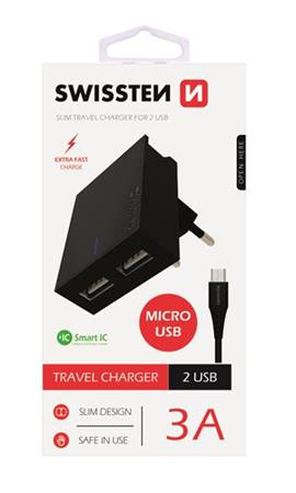 SWISSTEN SÍŤOVÝ ADAPTÉR SMART IC, CE 2x USB 3 A POWER ČERNÝ+ DATOVÝ KABEL SWISSTEN USB / MICRO USB 1,2 M ČERNÝ
