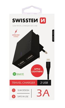 SWISSTEN SÍŤOVÝ ADAPTÉR SMART IC, CE 2x USB 3 A POWER ČERNÝ+ DATOVÝ KABEL SWISSTEN USB / LIGHTNING MFi 1,2 M ČERNÝ