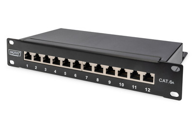 DIGITUS CAT 6A Patch Panel, stíněný, 12-portové pole se štítkem, 1U, 10 "montáž do stojanu, černá RAL 9005
