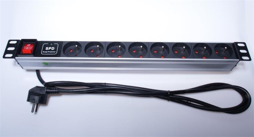PremiumCord PDU 19" 1U, 8x230V, 2m kabel, vypínač, přepěťová ochrana