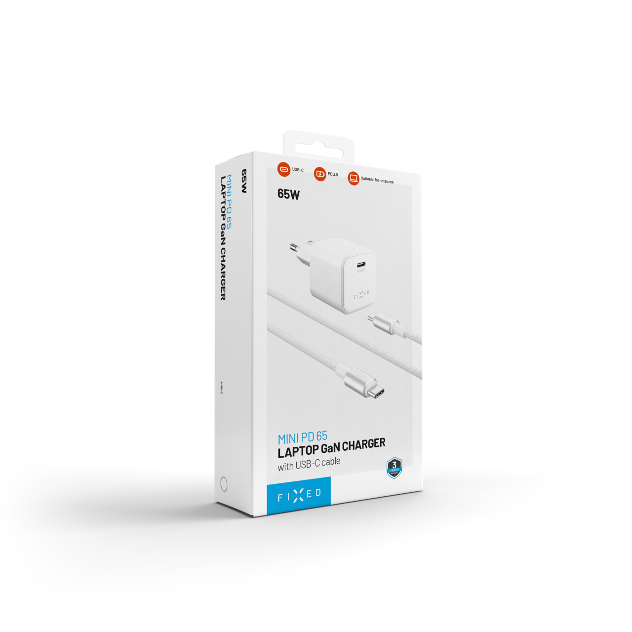Set síťové GaN nabíječky FIXED Mini s USB-C výstupem a USB-C/USB-C kabelu, podpora PD, 2 metry, 65W, bílý
