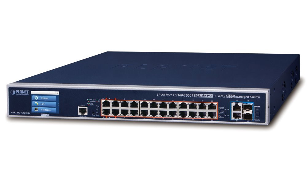 Planet GS-6320-24UP2T2XV L3 switch, 24x1Gb, 2x10Gb, 2x10Gb SFP+, 24x PoE 802.3bt 600W, 2x power-in, touch LCD
