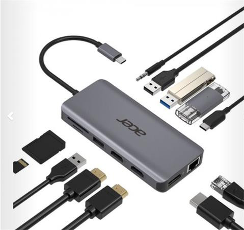 ACER 12v1 docking station/dongle USB-C: 2×USB3.2, 2×USB2.0, čtečka 1×SD/TF 2×HDMI,1×PowerDelivery,1×DP,1×RJ45,1×3.5 Audio