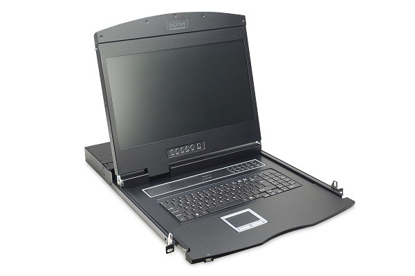 DIGITUS Modulární konzole s 19" TFT (48,3 cm), 16 portů Cat.5 KVM a touchpadem, německá klávesnice