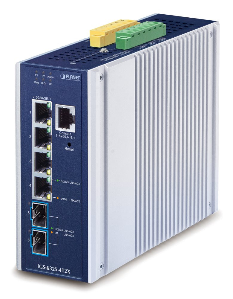 Planet IGS-6325-4T2X průmyslový L3 switch, 4x1Gb, 2x10Gb SFP+, 9-48VDC, -40~75°C, IP30, fanless