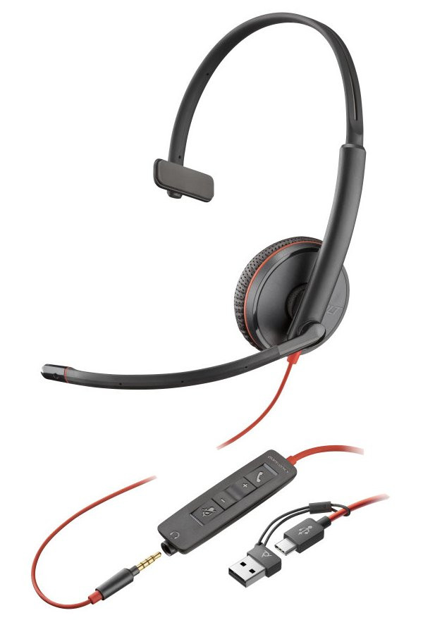 Poly Blackwire 3215 Monaural USB-C Headset +3.5mm Plug +USB-C/A Adapter