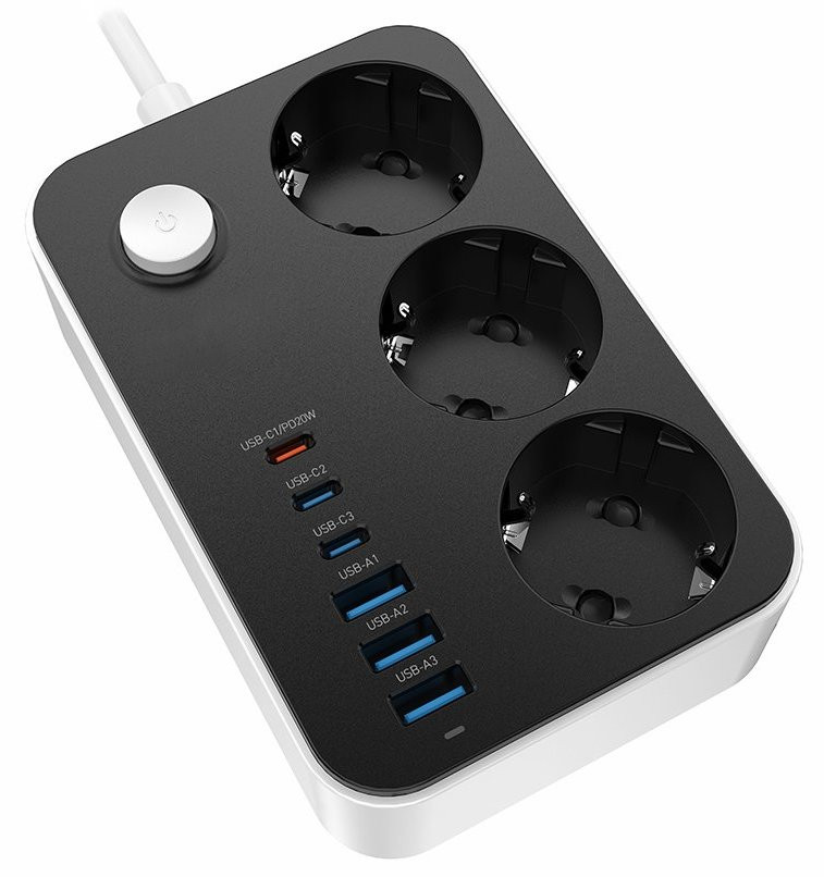 COLORWAY Prodlužovací napájecí přívod/ 3x Schuko/ 3x USB-C 20W/ 3x USB-A/ kabel 2m