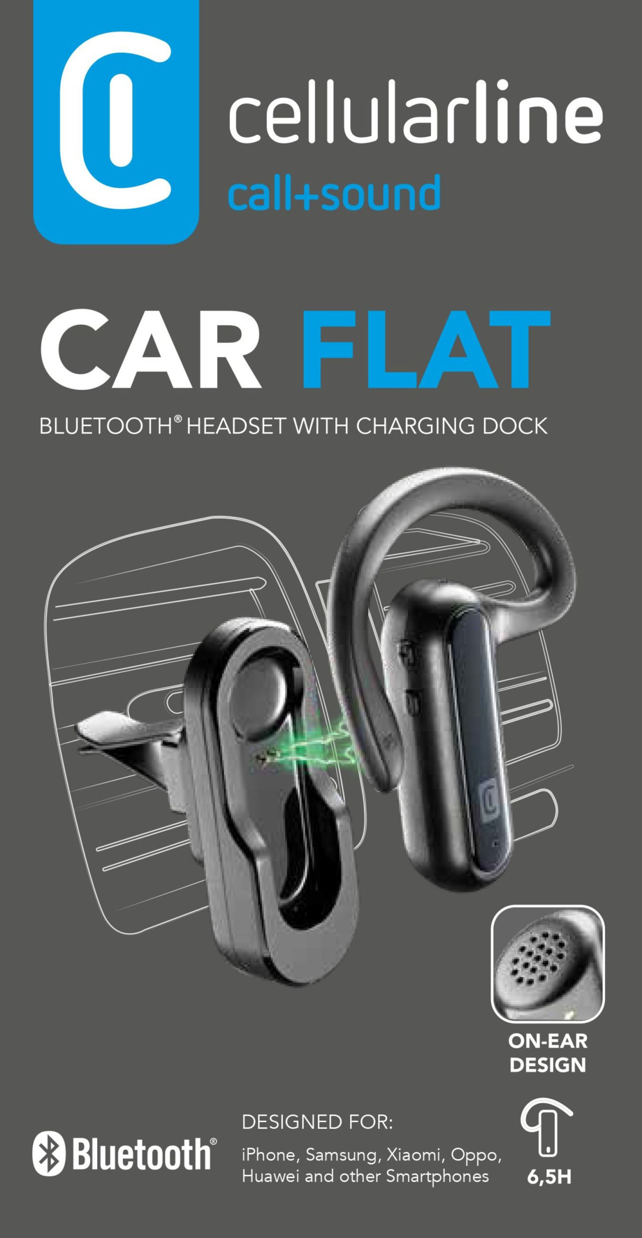 Bluetooth headset Cellularline CAR FLAT včetně nabíjecí základny do auta, černý