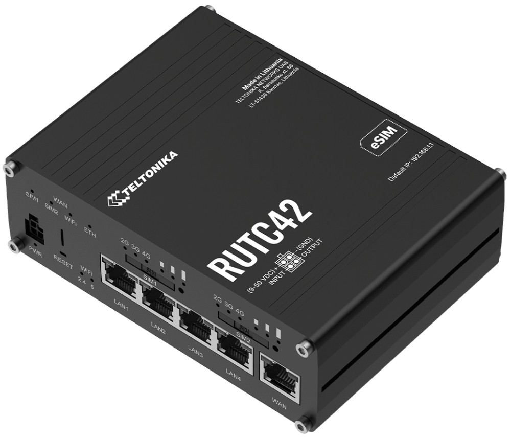 Teltonika RUTC42 průmyslový router   4x LAN, 1x WAN, Dual modem, SIM + eSIM, 2x LTE, Wi-Fi 6