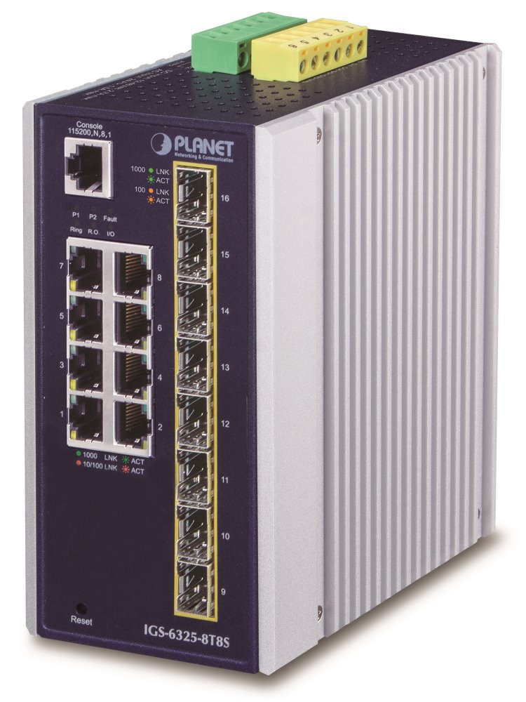 Planet IGS-6325-8T8S průmyslový L3 switch, 8x1Gb, 8x2.5Gb SFP, 12-48VDC, -40~75°C, IP30, fanless