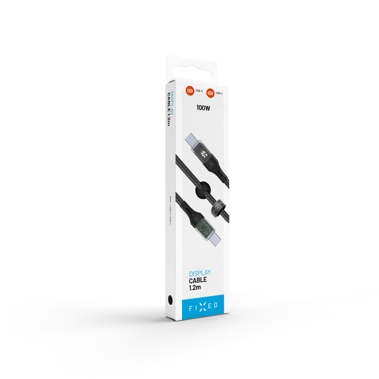Nabíjecí a datový kabel FIXED s displejem s konektory USB-C/USB-C a podporou PD, 1.2m, USB 2.0, 100W, černý