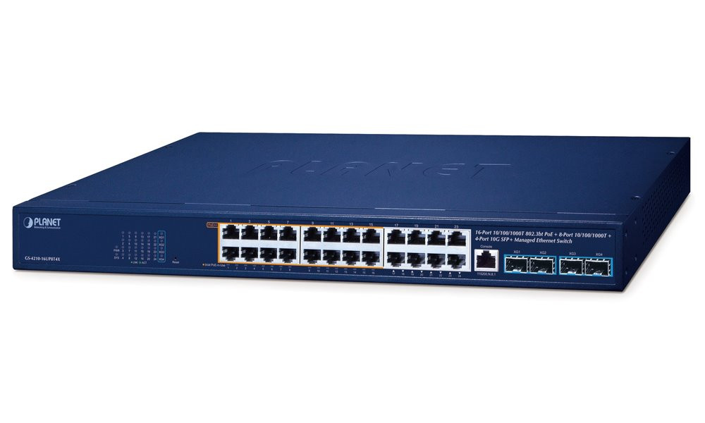 Planet GS-4210-16UP8T4X L2/L4 switch, 24x1Gb, 4x10Gb SFP+, 16x PoE++ 802.3bt + 8x PoE 420W, NMS, QoS