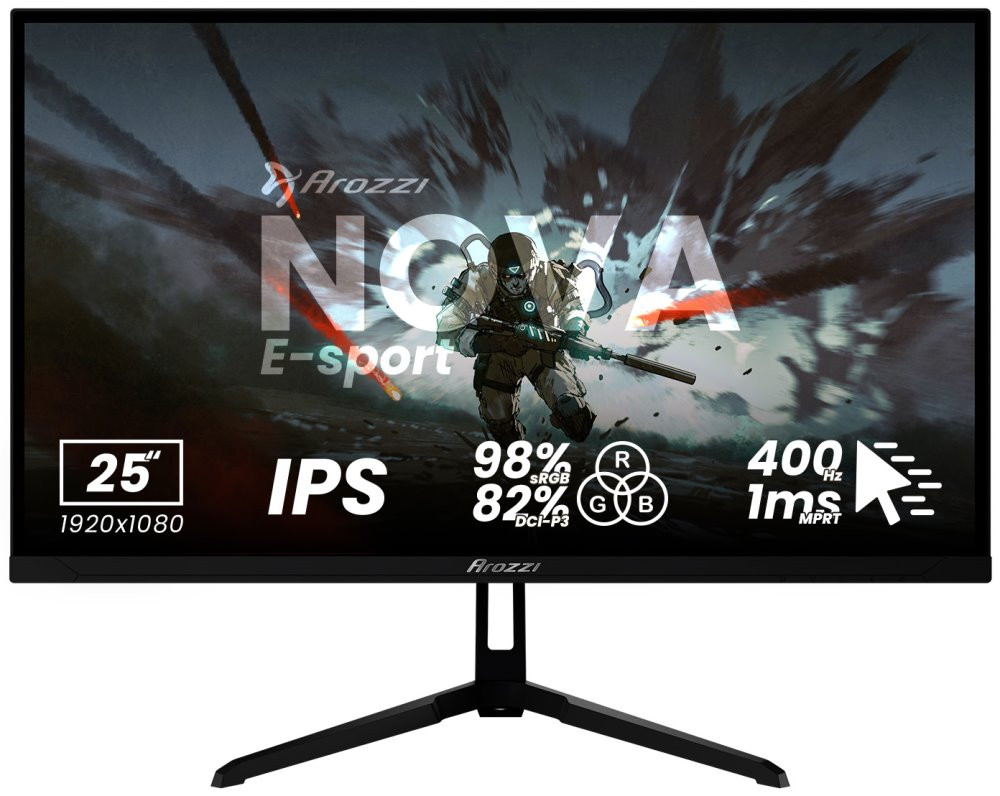 AROZZI NOVA herní monitor 24,5" 25T1K400 Black/ LED/ IPS/ 1920x1080/ 400Hz/ 1000:1/ 1ms/ 2xHDMI/ 2xDP/ černý
