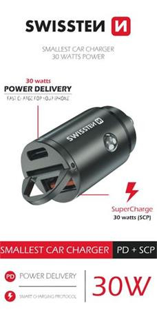 SWISSTEN CL ADAPTÉR POWER DELIVERY USB-C + SUPER CHARGE 3.0 30W NANO STRÍBRNÝ