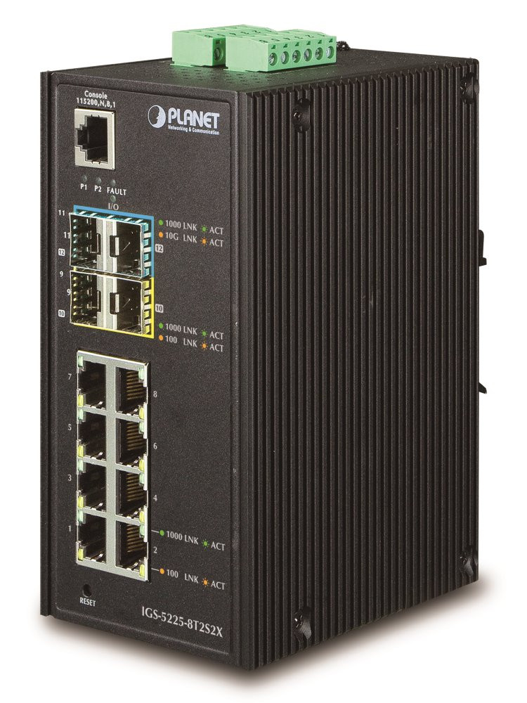 Planet IGS-5225-8T2S2X průmyslový switch, 8x1Gb, 2x1Gb SFP, 2x10Gb SFP+, dual 12-48VDC, -40~75°C, IP30