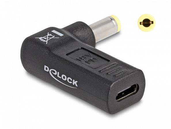 Delock Adaptér na kabel na nabíjení laptopu, ze zásuvky USB Type-C™ na zástrčku 5,5 x 2,5 mm, úhlový 90