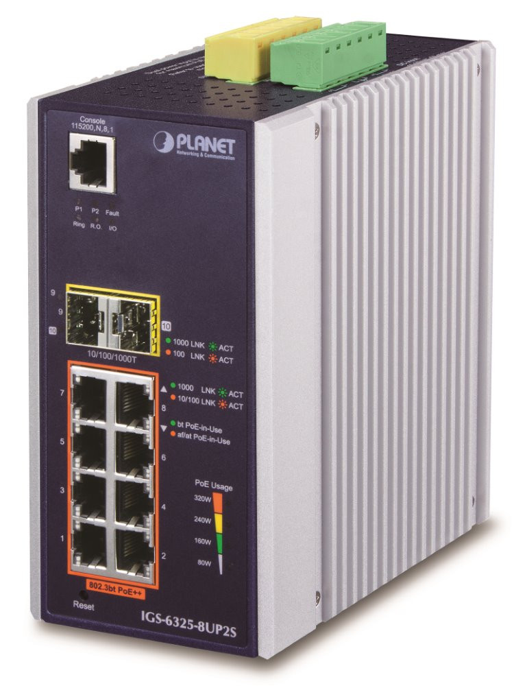 Planet IGS-6325-8UP2S průmyslový L3 switch, 8x1Gb, 2x2.5Gb SFP, PoE 802.3bt 360W, 48-54VDC, -40~75°C, fanless