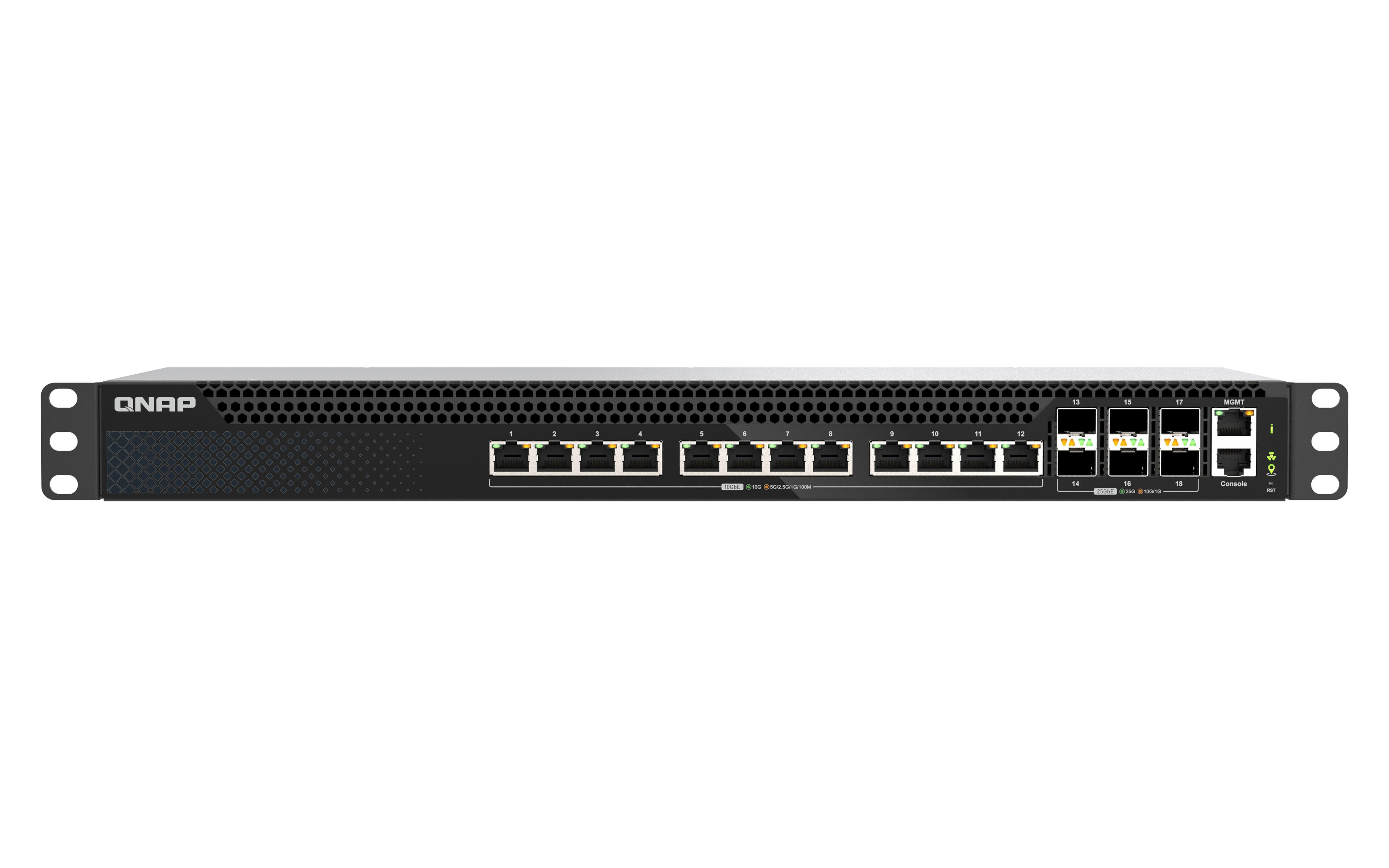 QNAP řízený switch QSW-M5218-6F12T (6x 25GbE SFP28 port, 12x 10GbE RJ45 port, L3)