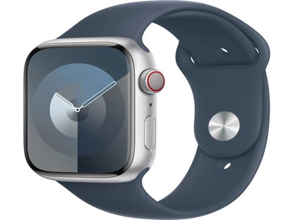 Apple Watch Series 9 Cellular 45mm Stříbrný hliník s bouřkově modrým sportovním řemínkem S/M