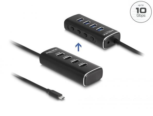 Delock 4 portový rozbočovač USB 10 Gbps s rozhraním USB Type-C™ a s konektorem, kabelem délky 60 cm a spínačem pro každý port
