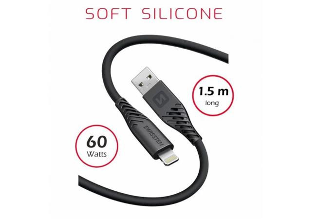 SWISSTEN DATOVÝ KABEL SOFT SILICONE USB / LIGHTNING 1,5 M 60W ČERNÝ