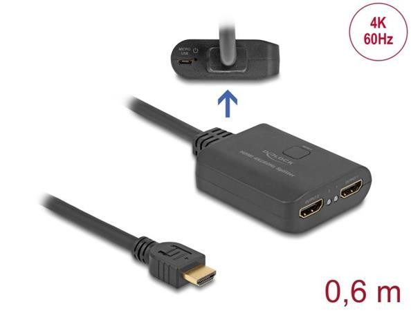 Delock HDMI Splitter 1 x vstupní HDMI na 2 x výstupní HDMI 4K 60 Hz, se zařízením na snížení měřítka