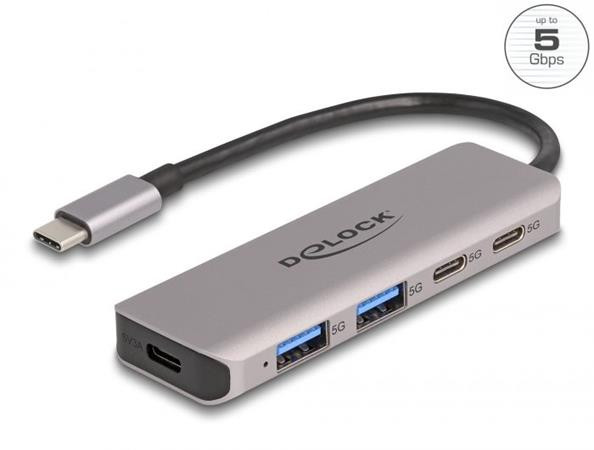 Delock Dvouportový rozbočovač sítě USB 5 Gbps se dvěma porty USB Type-C™, se dvěma porty Typu-A a s konektorem USB Type-C™