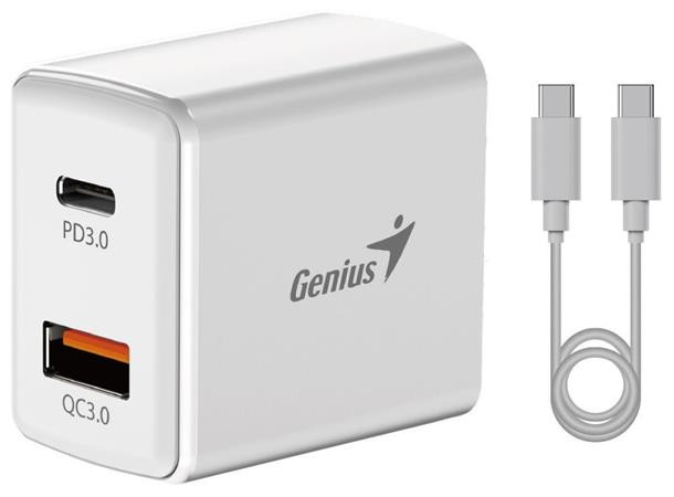 Genius PD-20ACP, Napájecí adaptér, univerzální, 20W, 1× USB-C, 1× USB, PD 3.0, QC 3.0, bílý + 1m USB-C kabel