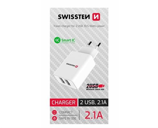 SWISSTEN SÍŤOVÝ ADAPTÉR SMART IC, CE 2x USB 2,1 A POWER BÍLÝ (SAMOPRODAVAČ)