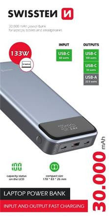 SWISSTEN POWER BANK 30000 mAh 133W POWER DELIVERY GREY