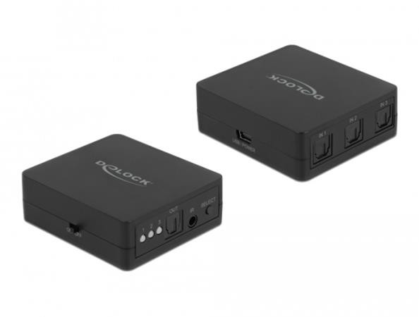 Delock Přepínač S/PDIF TOSLINK 3 v 1 výstup s infračerveným dálkovým ovládáním a napájený přes USB