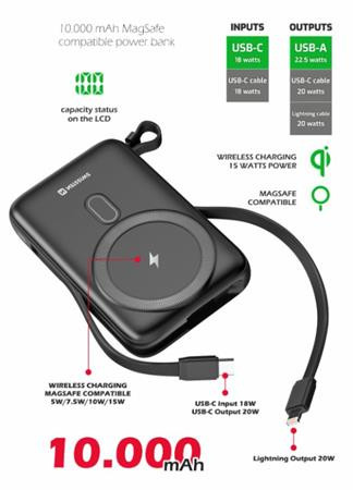 SWISSTEN POWER BANK 10000 mAh PD 20W S INTEGROVANÝMI KABELY  USB-C A LIGHTNING (kompatibilní s MagSafe) 