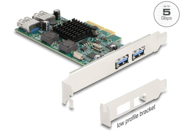 Delock PCI Express x4 karta na 2 x externí USB 5 Gbps Typ-A + 2 x interní USB 5 Gbps Typ-A, Duální - Low profile