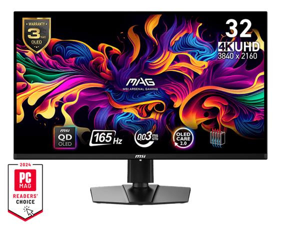 MSI Gaming monitor MAG 321UP QD-OLED, 31,5" QD-OLED/3840x2160 (UHD)/165Hz/0,03ms/2xHDMI/DP/USB-C/výškově nastavitelný,pivot/černá