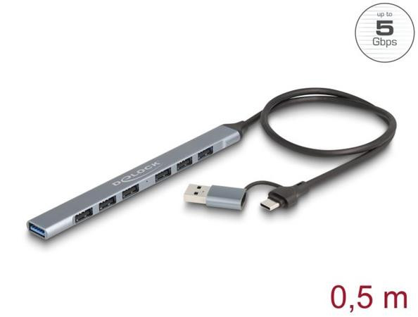 Delock 7 portový štíhlý USB Hub z  USB Type-C™ nebo USB Typ-A na 1 x USB 5 Gbps Typ-A + 6 x USB 2.0 Typ-A