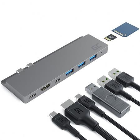 Green Cell HUB Connect60 8in1 adaptér (Thunderbolt 3, USB-C, HDMI, 3x USB 3.0, SD, microSD) pro MacBook Pro 13"/15" 2016 - 2019