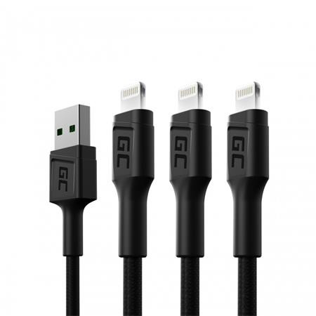 Green Cell Set 3x Cable GC Ray Lightning 200cm  with white LED, quick charging Apple 2.4A