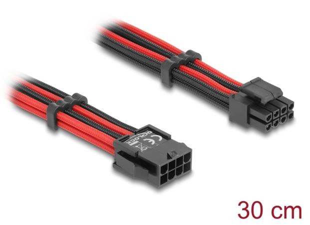 Delock Prodlužovací kabel z 8-pinové zástrčky EPS na 4 + 4-pinovou zásuvku EPS, s textilním opletením, červenočerný