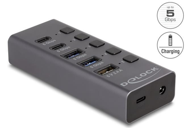 Delock rozbočovač USB 5 Gbps se 2 x USB Typ-A a 2 x zásuvkovými USB Type-C™ a jedním rychlonabíjecím portem + přepínač