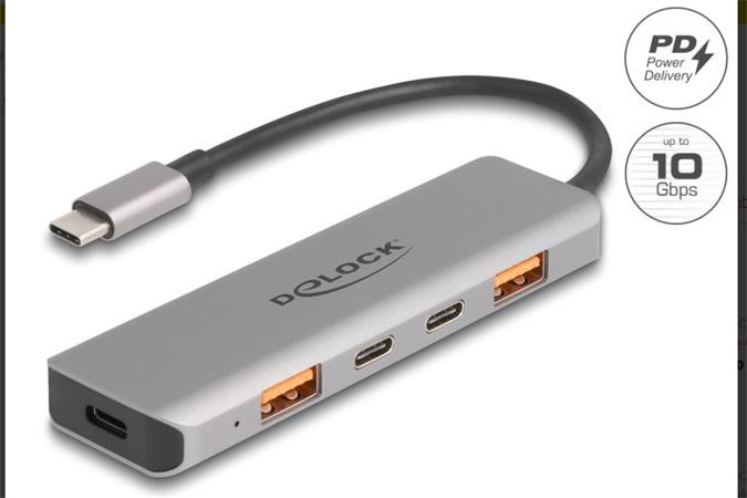 Delock Hub USB 10 Gbps se 2 porty USB Typ-A + 2 porty USB Type-C™ s konektorem USB Type-C™ a s PD 95 W