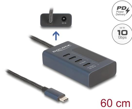 Delock USB 10 Gbps Hub se 4 porty USB Type-C™, z nichž 3 x datové porty a 1 x datový port s napájecím výkonem až 20 W