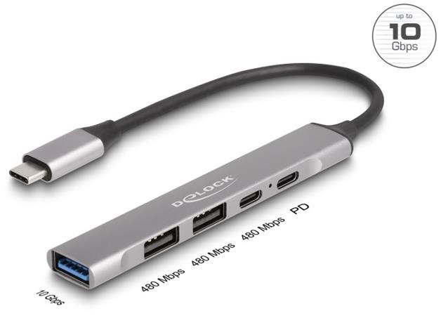 Delock 4-portový tenký Hub USB Type-C™ mající 1 x USB 10 Gbps Typ-A + 2 x USB 2.0 Typ-A + 1 x USB 2.0 USB Type-C™ a PD 9