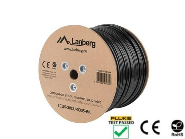 LANBERG LAN KABEL CAT.5E UTP 305M PEVNÝ VENKOVNÍ KABEL S GELOVOU VÝPLNÍ CU ČERNÝ FLUKE PASS 