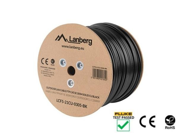 LANBERG LAN KABEL CAT.5E FTP 305M PEVNÝ VENKOVNÍ CU ČERNÝ FLUKE PŘEDÁN 