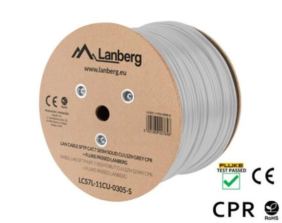 LANBERG LAN KABEL CAT.7 SFTP 305M PEVNÝ CU LSZH ŠEDÝ CPR + FLUKE PASSED 