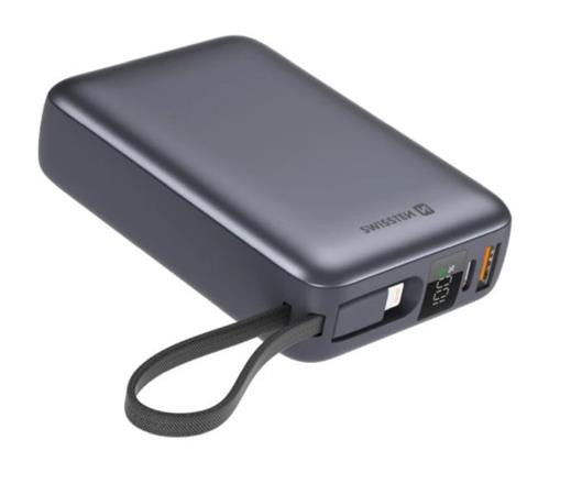 SWISSTEN POWER BANK 20000 mAh S INTEGROVANÝMI KABELY  USB-C A LIGHTNING VESMÍRNĚ STŘÍBRNÁ
