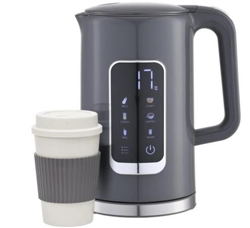 PLATINET RYCHLOVARNÁ KONVICE LCD 1,7L 5 TEPLOT + 450 ML CESTOVNÍ HRNEK, ŠEDÁ