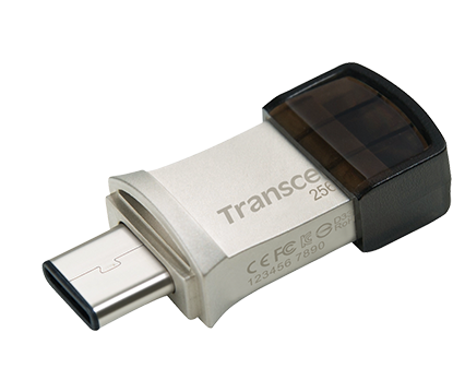 Transcend 256GB JetFlash 890, USB-C/USB 3.1 duální flash disk, malé rozměry, stříbrný kov, odolá prachu i vodě